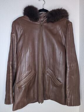 VTG Tiboa Leathers Women's Brown Leather Jacket M 100% Fox Fur Hood Braided Chic